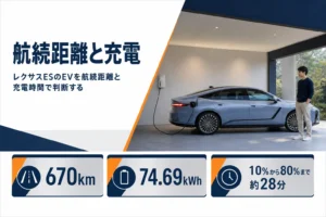 レクサスESのEVの航続距離と充電時間の要点を示したアイキャッチ