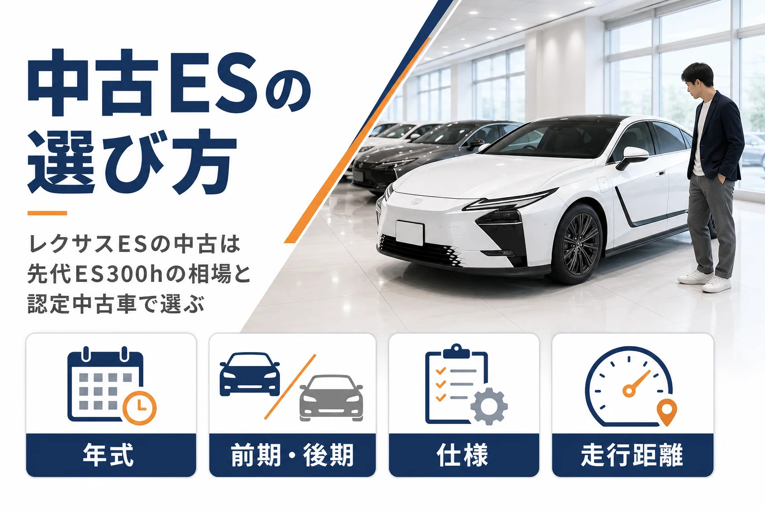レクサスESの中古車を年式・前期後期・仕様・走行距離で選ぶポイントを示したアイキャッチ