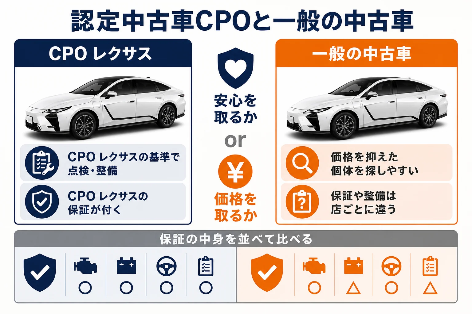 レクサスの認定中古車CPOと一般の中古車の違いを比べた図解
