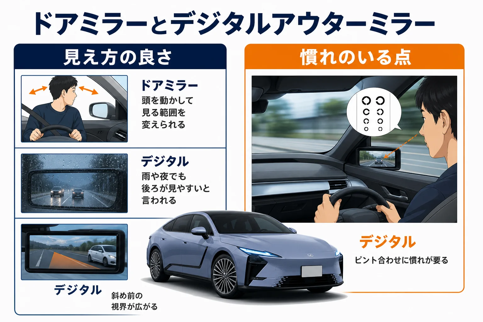 ドアミラーとデジタルアウターミラーの見え方を比べた図解