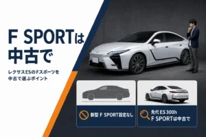 レクサスESのF SPORTが新型に無いことと中古での選び方を示したアイキャッチ