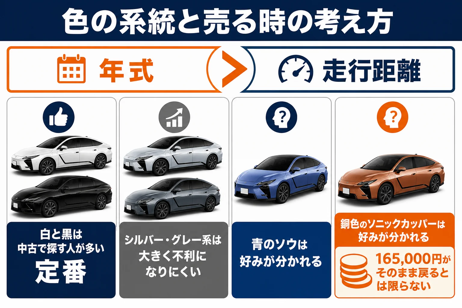 色の系統別に中古での探されやすさを示した図解