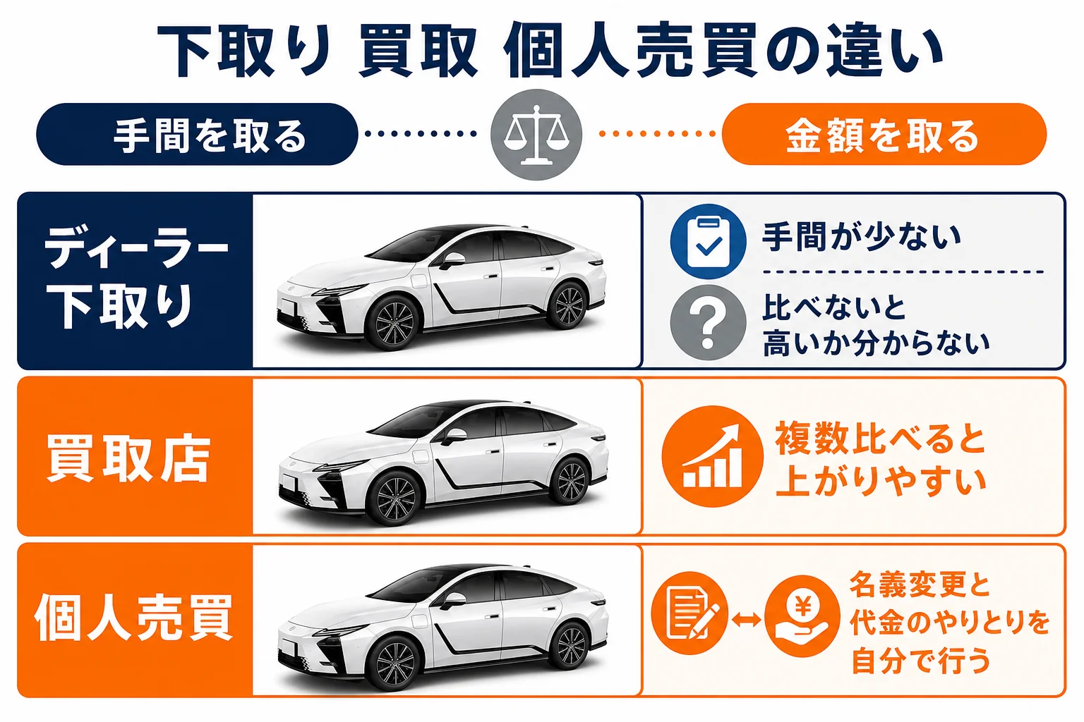 レクサスESを売る時の下取りと買取と個人売買の違いを比べた図解
