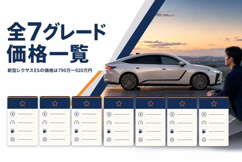 新型レクサスESの全7グレードの価格を示したアイキャッチ