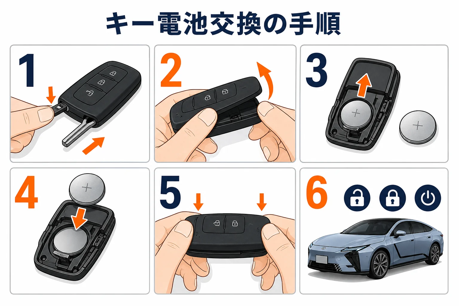 レクサスESのスマートキー電池交換の手順を示した図解