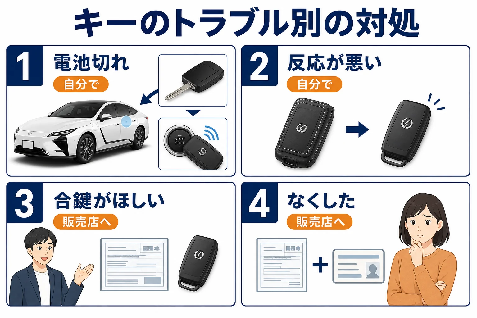 レクサスESのキーのトラブルごとの相談先と準備を示した図解