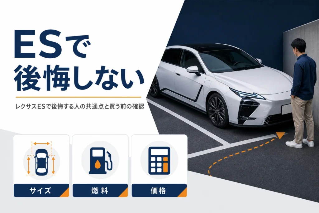レクサスESで後悔しやすいサイズ・燃料・価格の3つのポイントを示したアイキャッチ