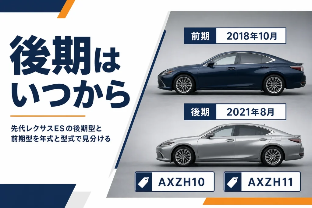 先代レクサスESの前期と後期の時期と型式の要点を示したアイキャッチ