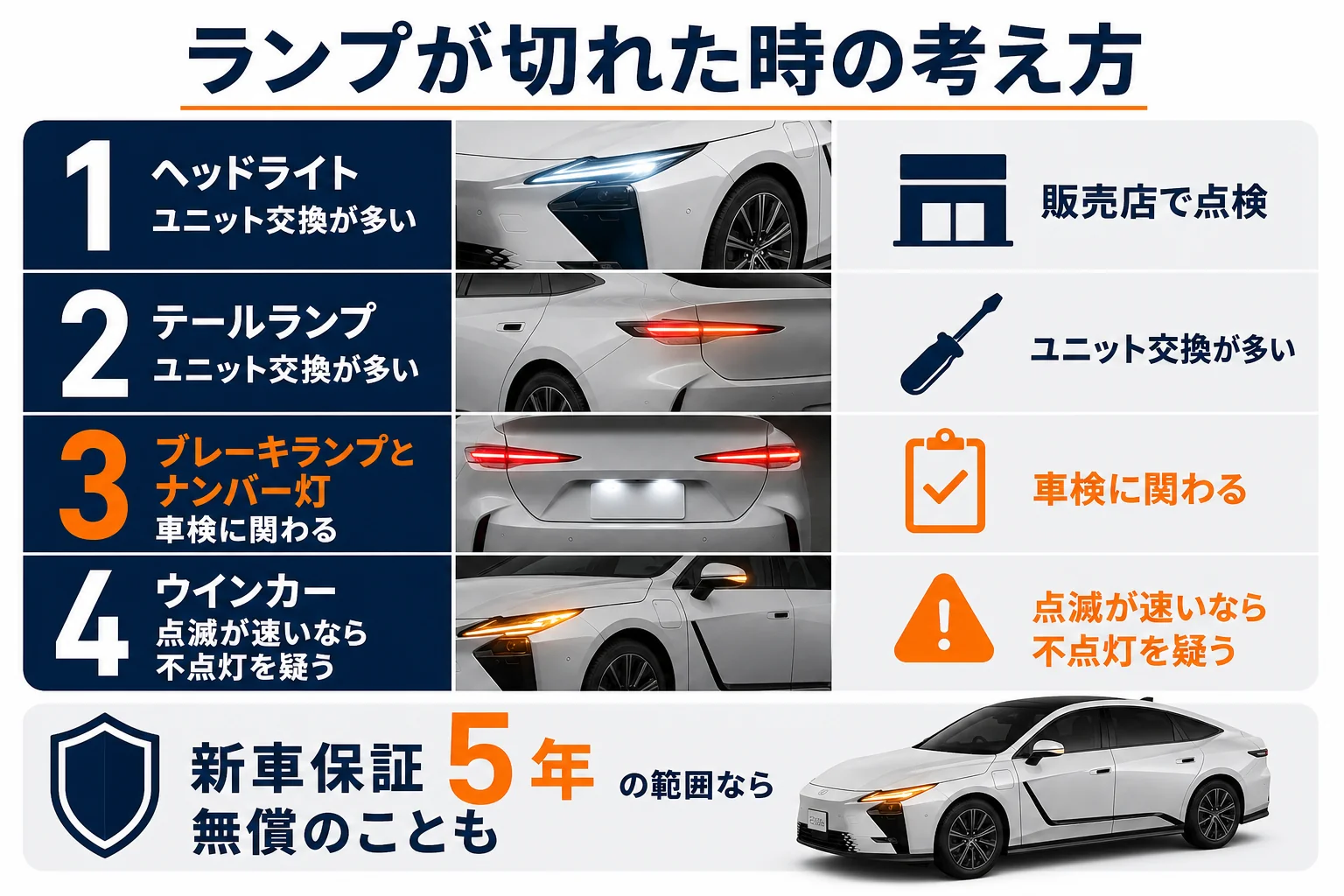 レクサスESのランプの種類と切れた時の対処を示した図解