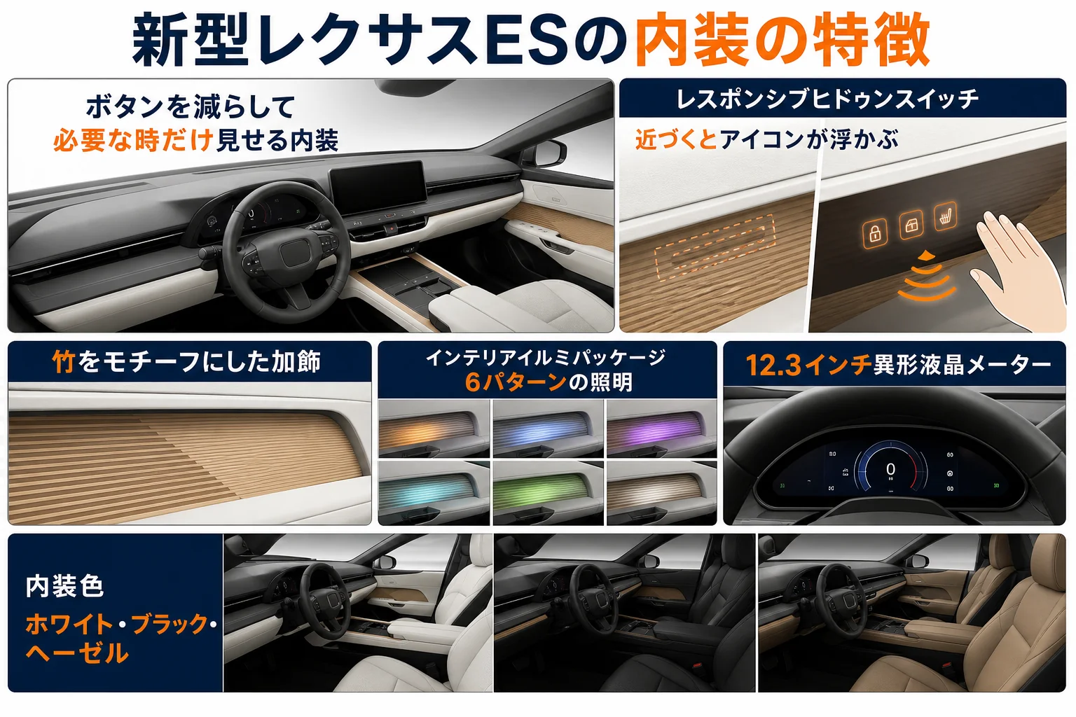 新型レクサスESの内装の主な特徴をまとめた図解