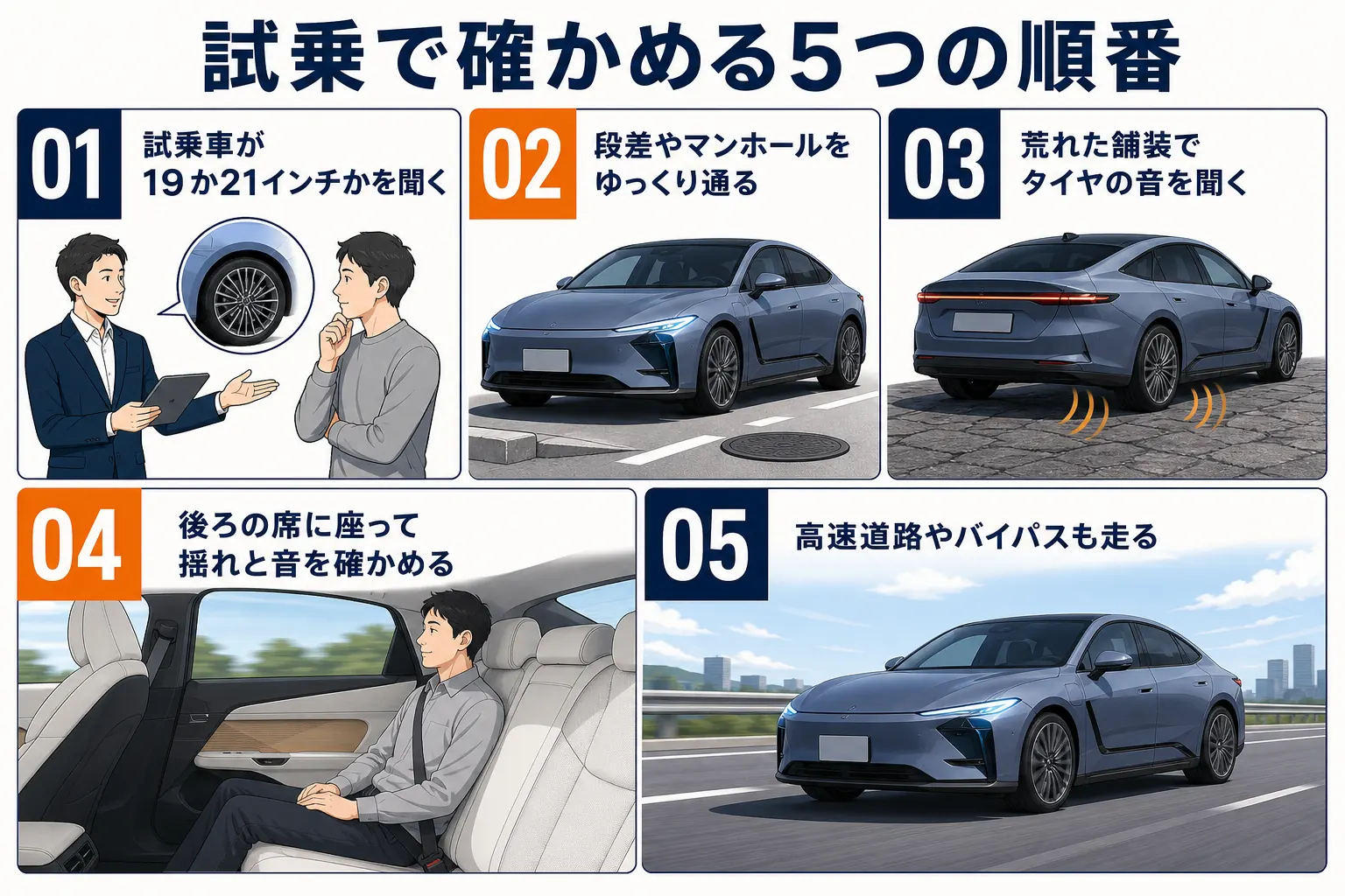 レクサスESの乗り心地を試乗で確かめる手順をまとめた図解