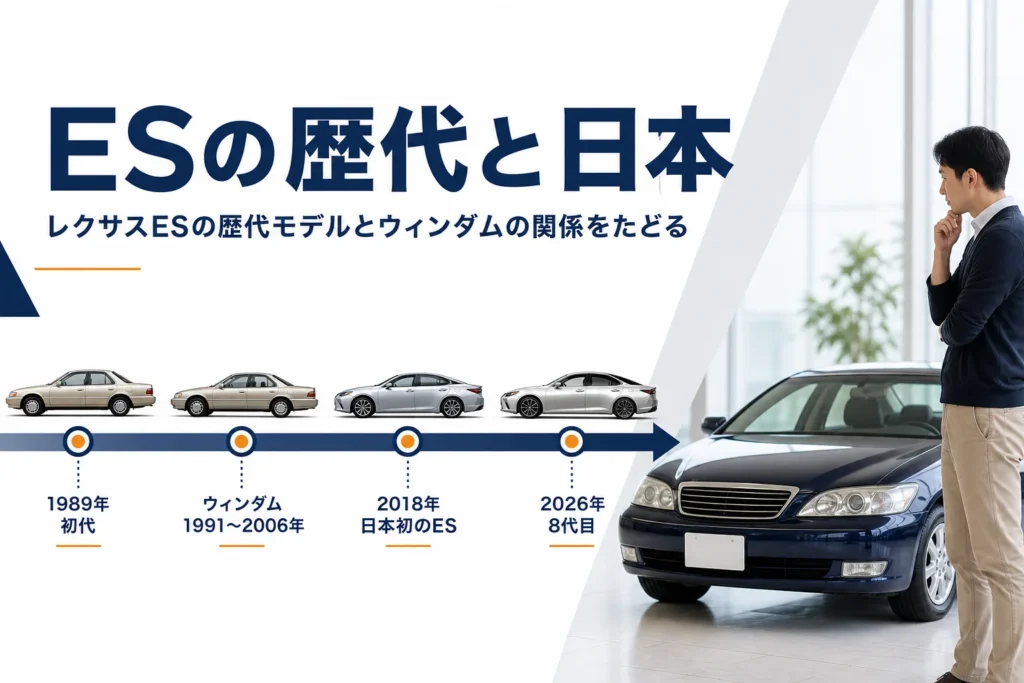 レクサスESの歴代モデルとウィンダムの時代を年表で示したアイキャッチ