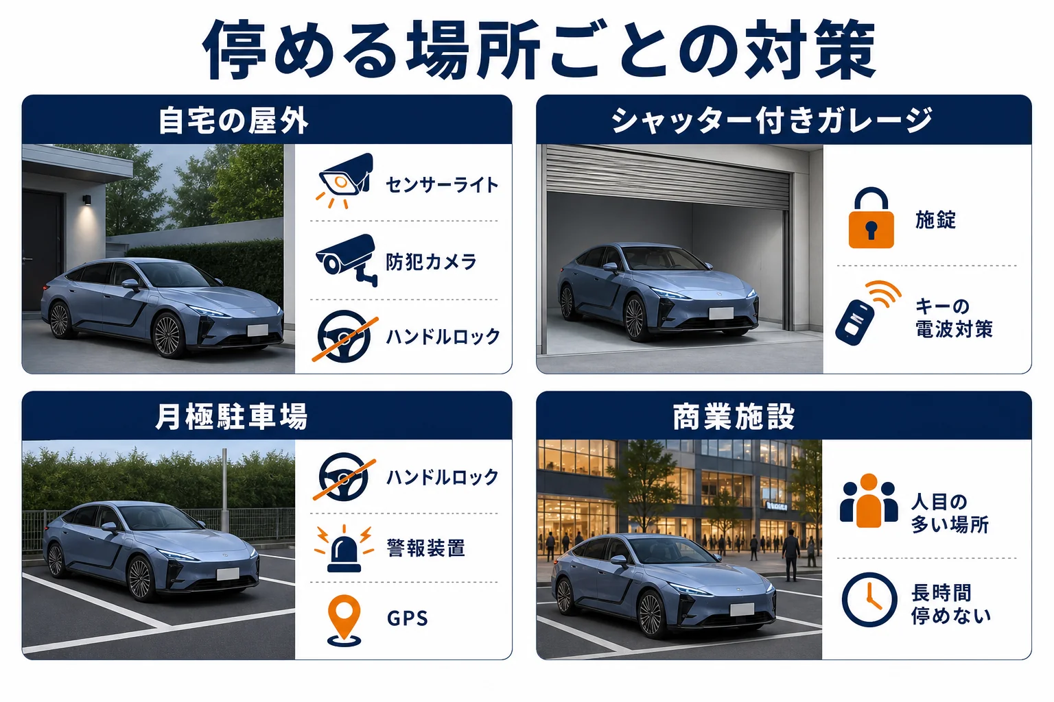 レクサスESを停める場所ごとに合う盗難対策を比べた図解