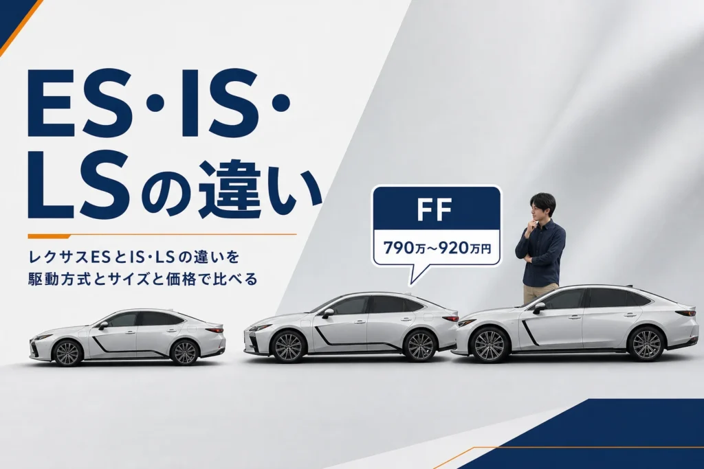 レクサスのセダン3車種の大きさと価格の並びを示したアイキャッチ