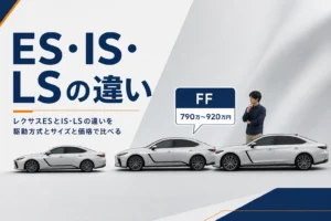 レクサスのセダン3車種の大きさと価格の並びを示したアイキャッチ